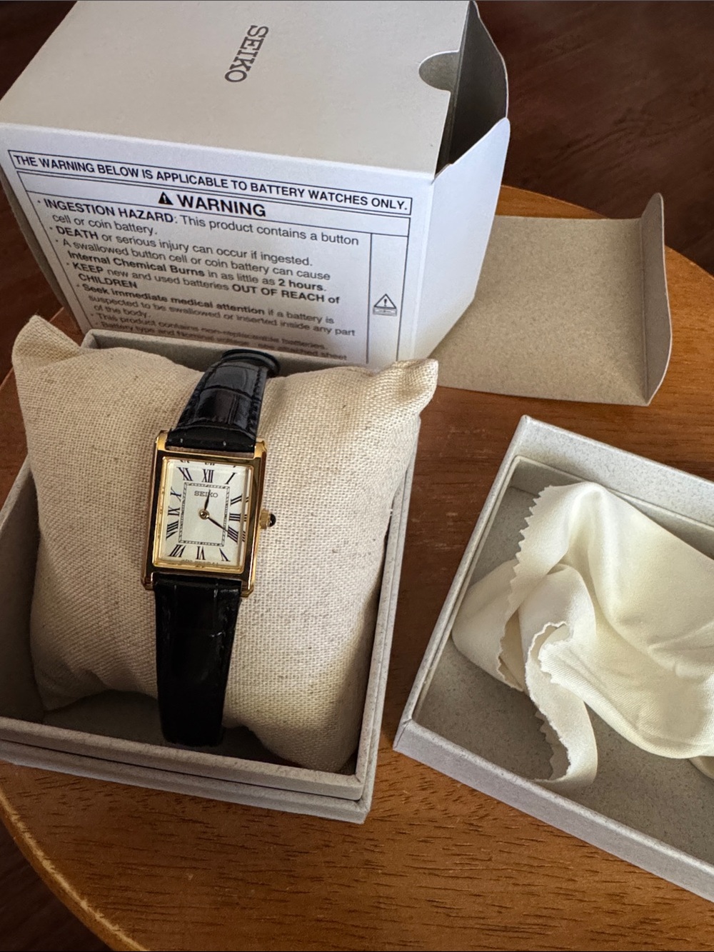 New Seiko Gold Tone Rectangular Watch with Black Leather Strap - SWR108
